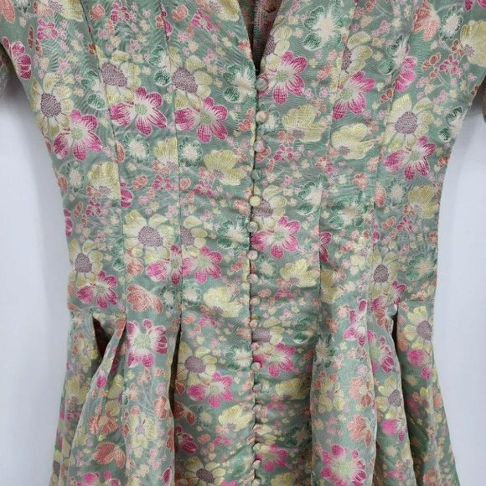 Shein Mini Dress S Pink Colorful Metallic Floral Puff Sleeve Button Front Pleat - Picture 5 of 12
